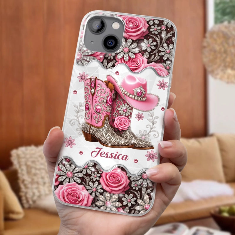 3D Inflated Effect Printed Clear Phone Case - Personalized Cowgirl Gifts For Women, Girls - Bling Boots Babe