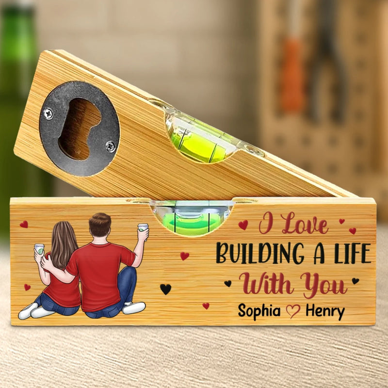 Custom Wooden Bottle Opener With Built-in Spirit Level - Personalized Anniversary Wedding Gifts For Husband And Wife, Him And Her - Still Falling For You