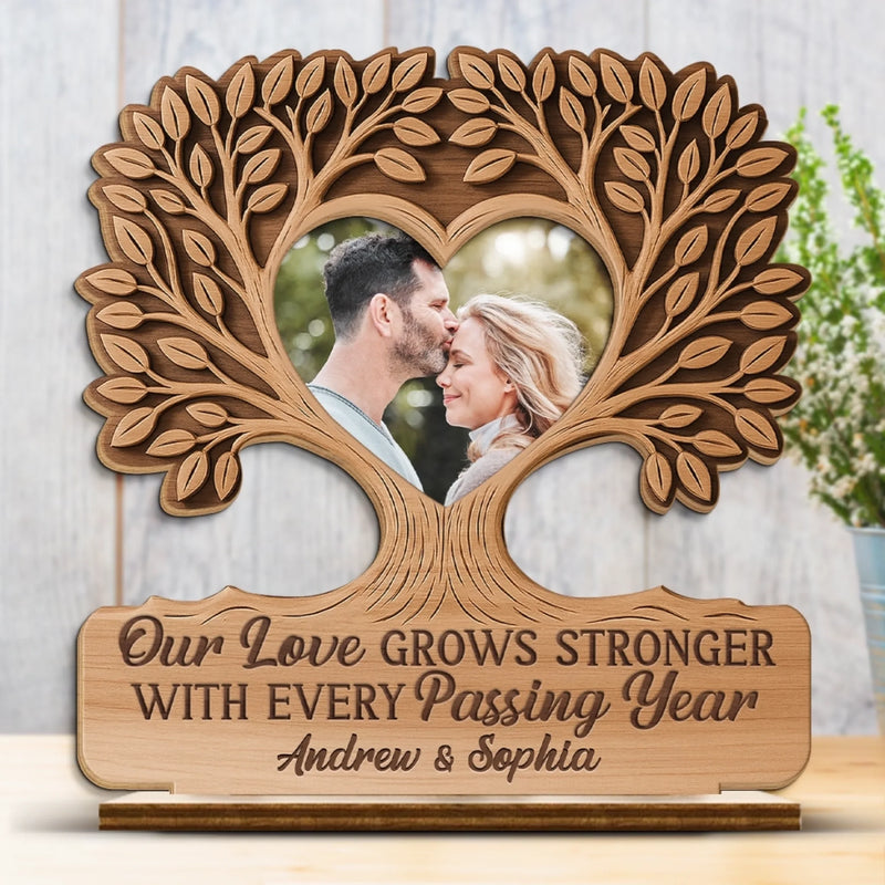 Custom Photo 2-Layered Wooden Plaque - Personalized Anniversary Wedding Gifts For Husband And Wife, Him And Her - Our Love Grows Deeper And Stronger