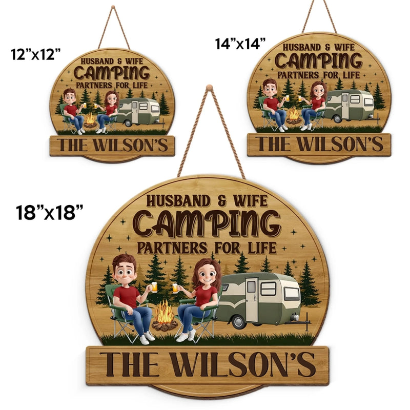 Custom Shaped Home Decor Wood Sign - Personalized Camping Gifts For Husband And Wife, Him And Her - Camping Partners For Life