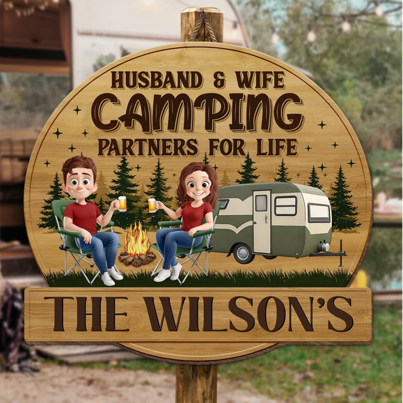 Custom Shaped Home Decor Wood Sign - Personalized Camping Gifts For Husband And Wife, Him And Her - Camping Partners For Life