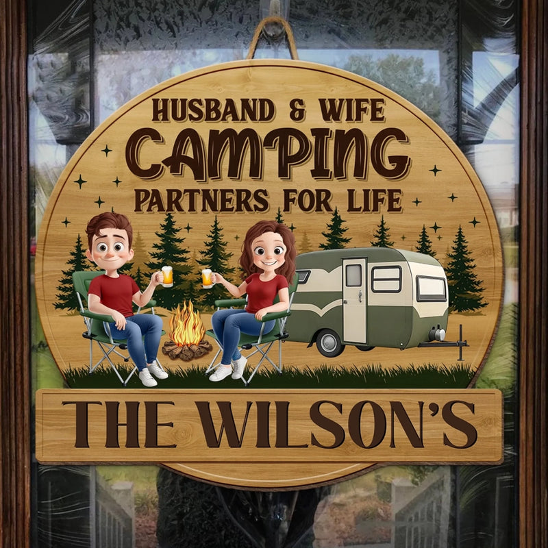 Custom Shaped Home Decor Wood Sign - Personalized Camping Gifts For Husband And Wife, Him And Her - Camping Partners For Life