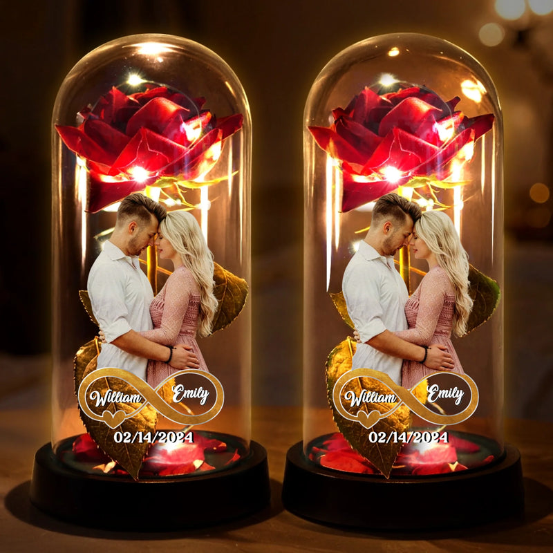 Custom Photo Light Up Eternal Rose In Glass Dome - Personalized Anniversary Wedding Gifts For Husband And Wife, Him And Her - Forever Yours, Forever Mine