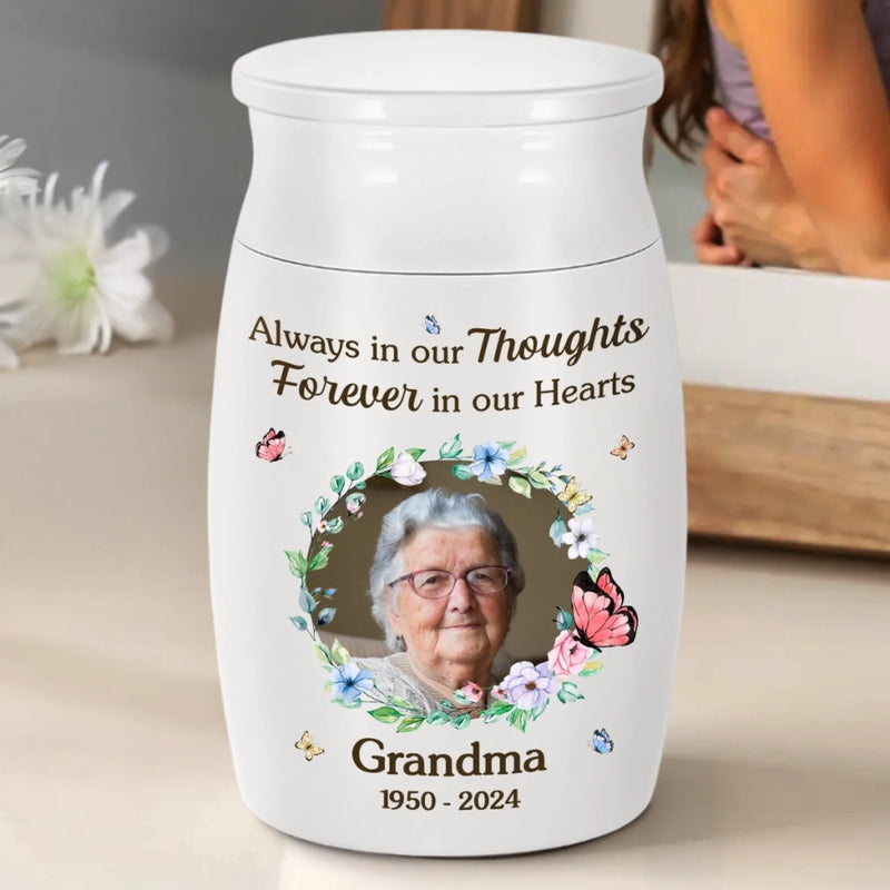 Custom Photo Decorative Urn - Personalized Memorial Sympathy Gifts For Loss Of Mom, Dad - Always In Ours Thoughts