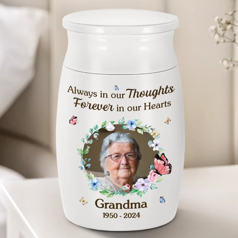 Custom Photo Decorative Urn - Personalized Memorial Sympathy Gifts For Loss Of Mom, Dad - Always In Ours Thoughts