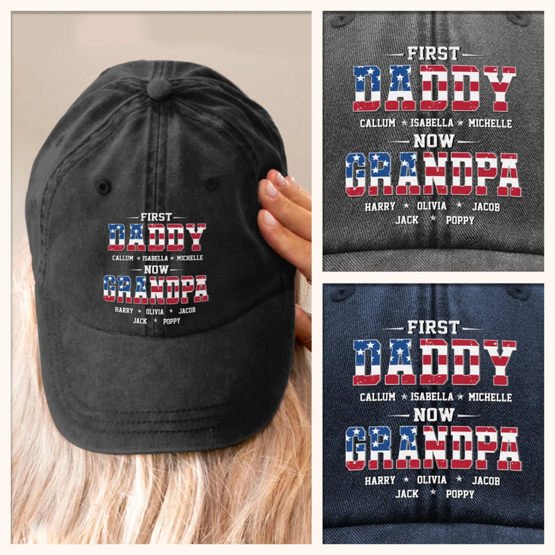 Custom Vintage Washed Denim Baseball Cap US - Personalized 4th Of July Gifts For Dad, Grandpa - First Dad, Now Grandpa