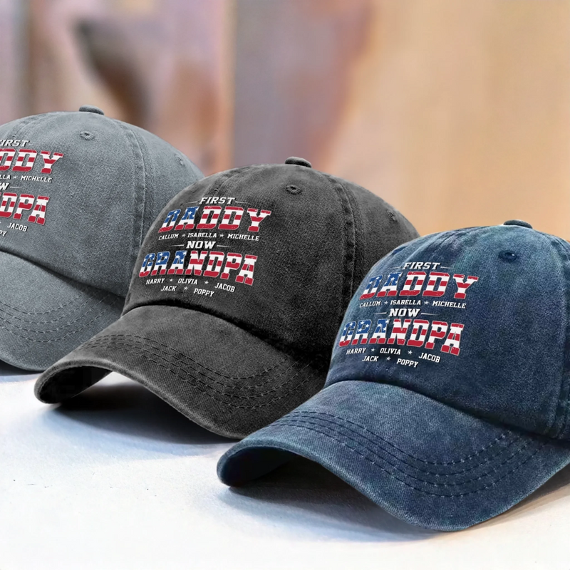 Custom Vintage Washed Denim Baseball Cap US - Personalized 4th Of July Gifts For Dad, Grandpa - First Dad, Now Grandpa