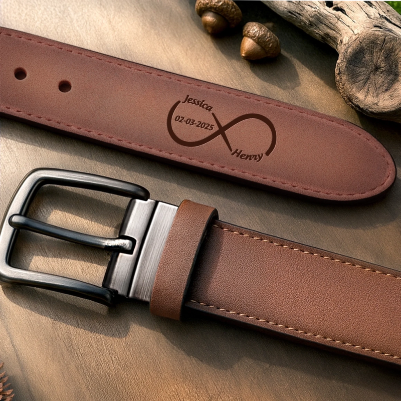 Custom Double-Sided Engraved Leather Belt - Personalized Anniversary Wedding Gifts For Husband And Wife, Him And Her - Pants Up, Love Up