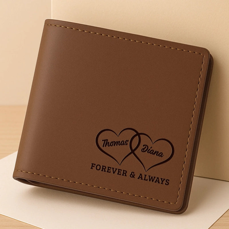 Custom Engraved Bifold Leather Wallet Two Sides - Personalized Anniversary Wedding Gifts For Husband And Wife, Him And Her - Endlessly In Love With You