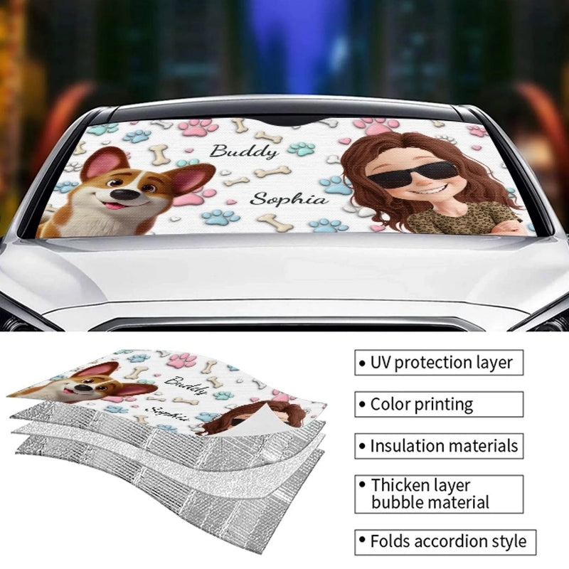 Custom Auto Windshield Sunshade, Car Window Protector - Personalized Birthday Gifts For Dog Lovers, Dog Dad And Mom - Just Me And The Fluff Squad