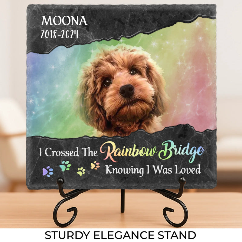 Custom Photo Waiting At The Rainbow Bridge - Memorial Personalized Custom Square Shaped Stone With Stand - Sympathy Gift For Pet Owners, Pet Lovers