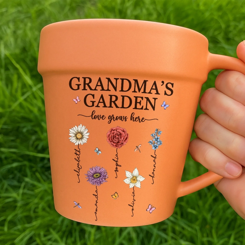 Custom Plant Pot Ceramic Mug - Personalized Birthday Gifts For Mom, Grandma - Grandma's Garden Love Grows Here -  Flower Pot Mug