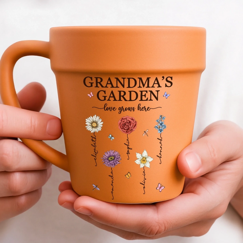 Custom Plant Pot Ceramic Mug - Personalized Birthday Gifts For Mom, Grandma - Grandma's Garden Love Grows Here -  Flower Pot Mug