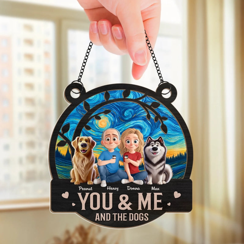 Happiness Is You, Me And The Dog - Couple Personalized Window Hanging Suncatcher - Gift For Husband Wife, Anniversary, Pet Owners, Pet Lovers