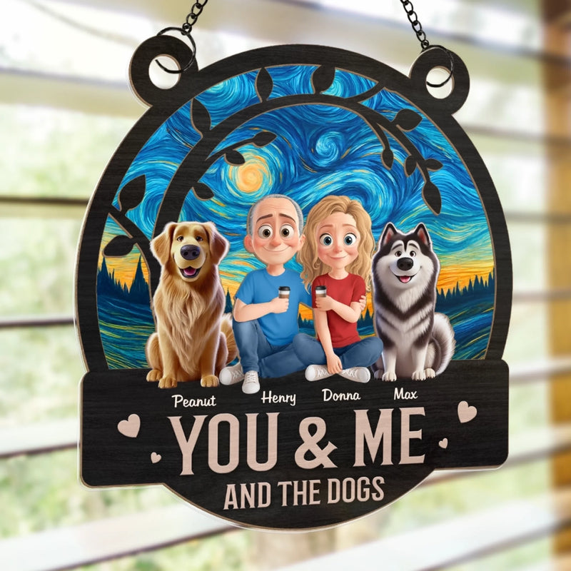 Happiness Is You, Me And The Dog - Couple Personalized Window Hanging Suncatcher - Gift For Husband Wife, Anniversary, Pet Owners, Pet Lovers
