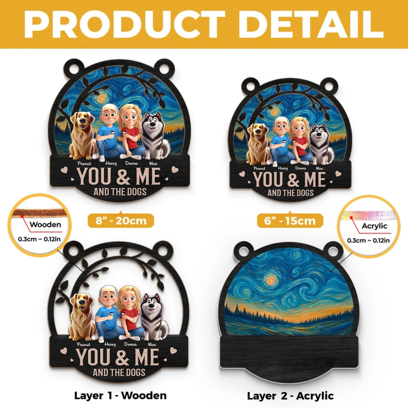 Happiness Is You, Me And The Dog - Couple Personalized Window Hanging Suncatcher - Gift For Husband Wife, Anniversary, Pet Owners, Pet Lovers