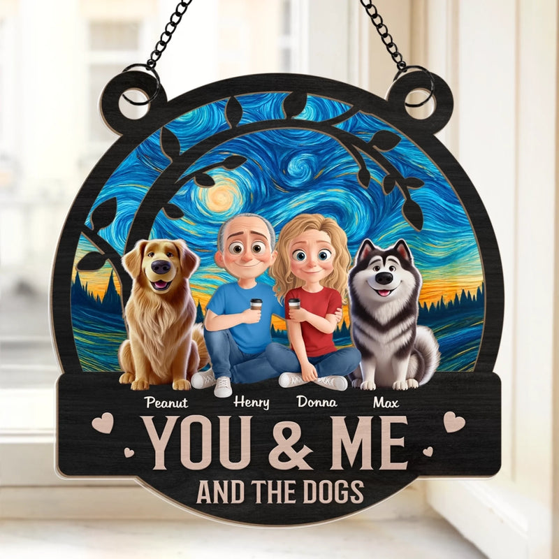 Happiness Is You, Me And The Dog - Couple Personalized Window Hanging Suncatcher - Gift For Husband Wife, Anniversary, Pet Owners, Pet Lovers