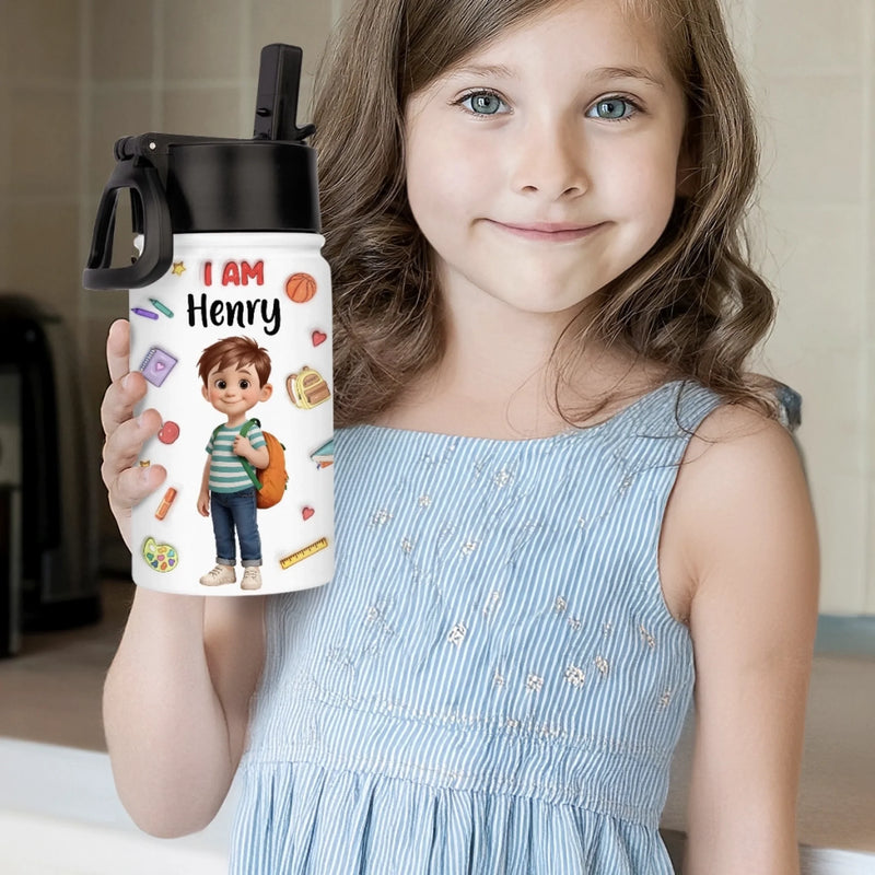 Custom 3D Inflated Effect Printed Kids Water Bottle - Personalized Back To School Gifts For Kids - I Am Brave Bold And Smart