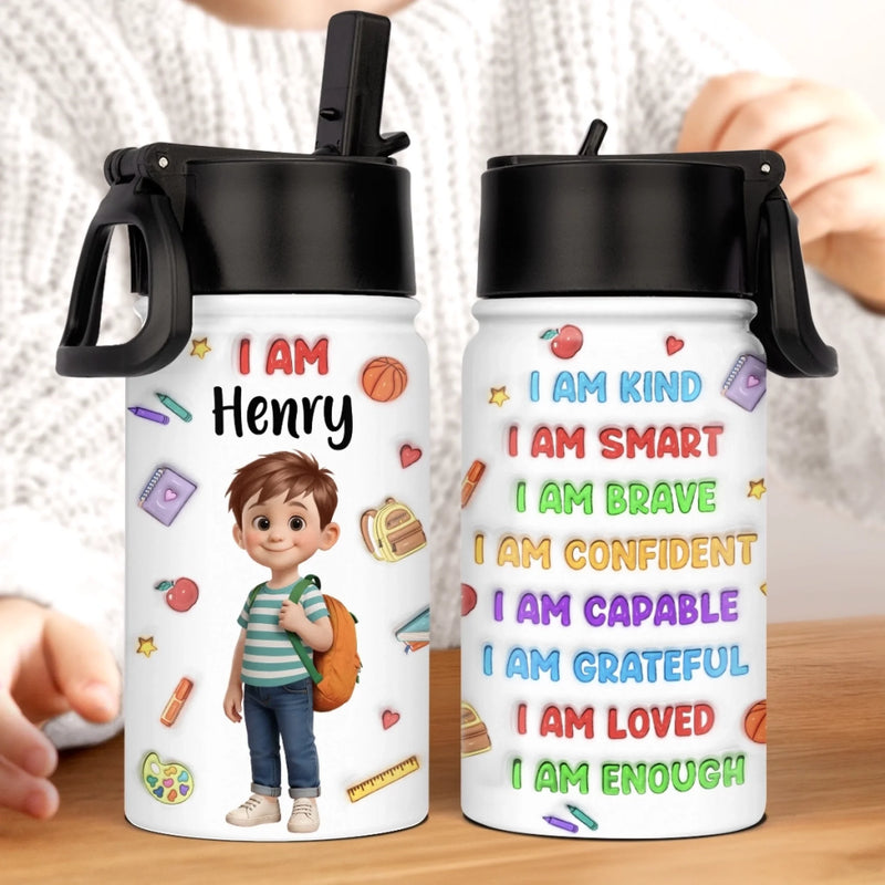 Custom 3D Inflated Effect Printed Kids Water Bottle - Personalized Back To School Gifts For Kids - I Am Brave Bold And Smart
