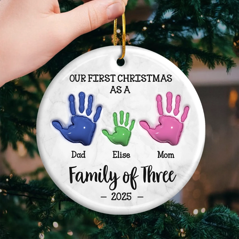 Custom Ceramic Ornament - Personalized Christmas Birthday Gifts For Mom, Dad, Kids - Our First Handprint Christmas Keepsake