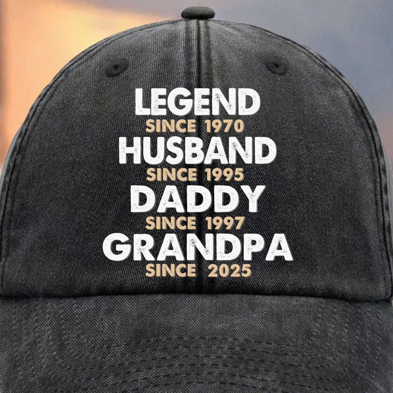 Built To Be A Legend - Family Personalized Custom Vintage Washed Denim Baseball Cap - Father's Day, Gift For Dad, Grandpa