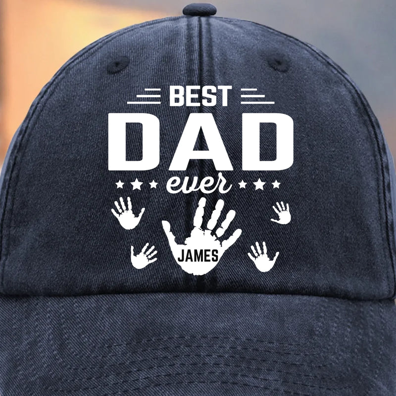 The Hands That Made Him Papa - Family Personalized Custom Vintage Washed Denim Baseball Cap - Father's Day, Gift For Dad, Grandpa