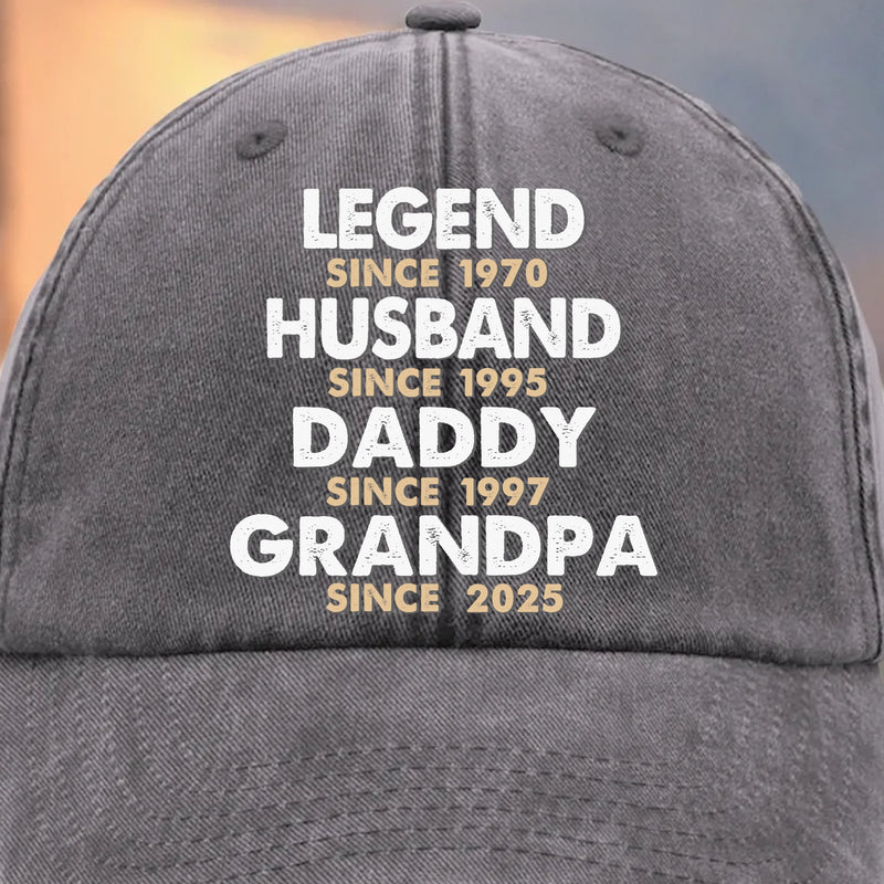 Built To Be A Legend - Family Personalized Custom Vintage Washed Denim Baseball Cap - Father's Day, Gift For Dad, Grandpa
