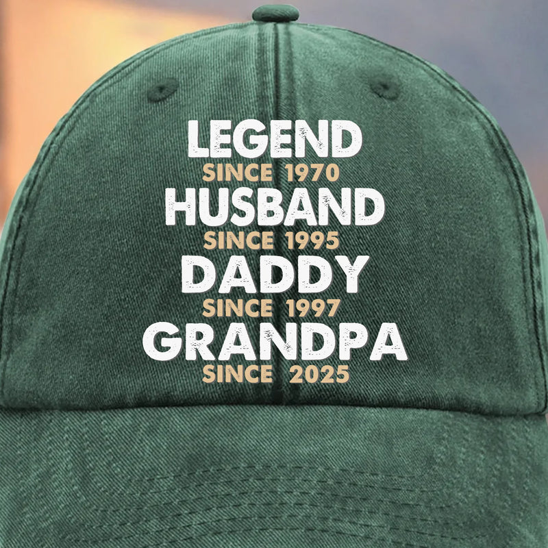 Built To Be A Legend - Family Personalized Custom Vintage Washed Denim Baseball Cap - Father's Day, Gift For Dad, Grandpa