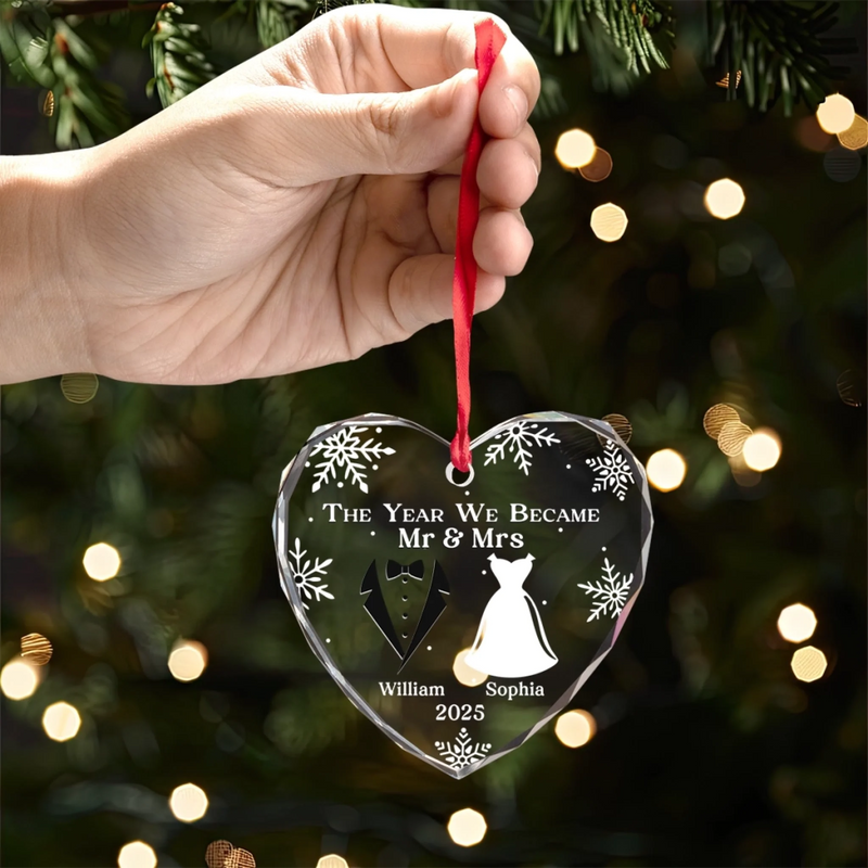 Custom Heart Glass Ornament - Personalized Anniversary Christmas Wedding Gifts For Husband And Wife, Him And Her - Started With A Yes, Now It’s Us