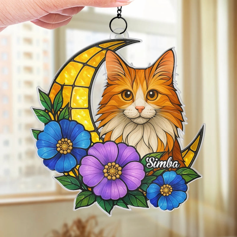 Custom Photo Window Hanging Suncatcher Ornament - Personalized Pet Memorial Sympathy Gifts For Dogs, Cats - Feline Dreams, Flower Beams