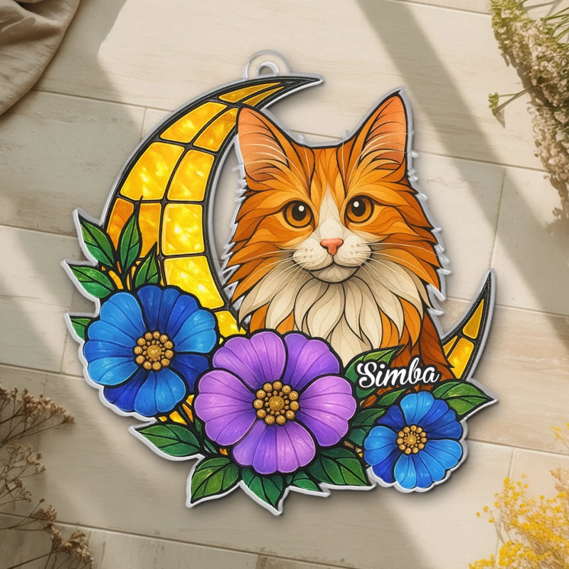 Custom Photo Window Hanging Suncatcher Ornament - Personalized Pet Memorial Sympathy Gifts For Dogs, Cats - Feline Dreams, Flower Beams
