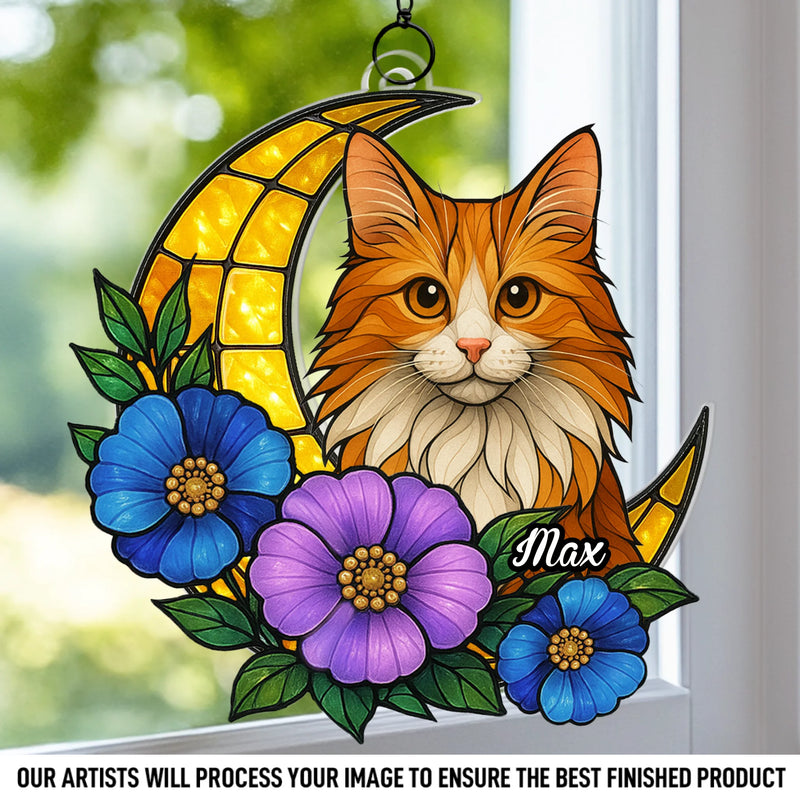 Custom Photo Window Hanging Suncatcher Ornament - Personalized Pet Memorial Sympathy Gifts For Dogs, Cats - Feline Dreams, Flower Beams