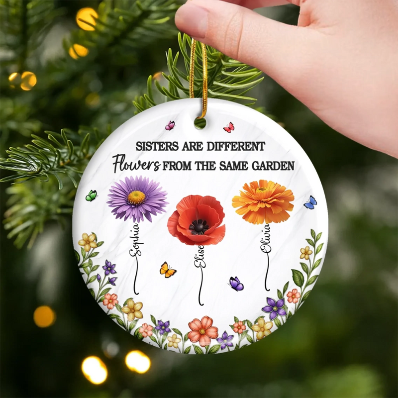 Custom Ceramic Ornament - Personalized Best Friend Christmas Birthday Gifts For Women, Besties, Sisters, BFF - Different Flowers, One Bond