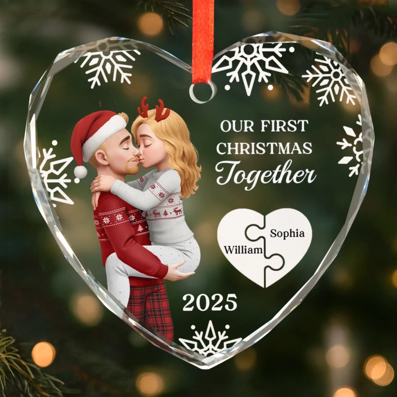 Custom Heart Glass Ornament - Personalized Anniversary Christmas Wedding Gifts For Husband And Wife, Him And Her - Our First Noel As Lovers
