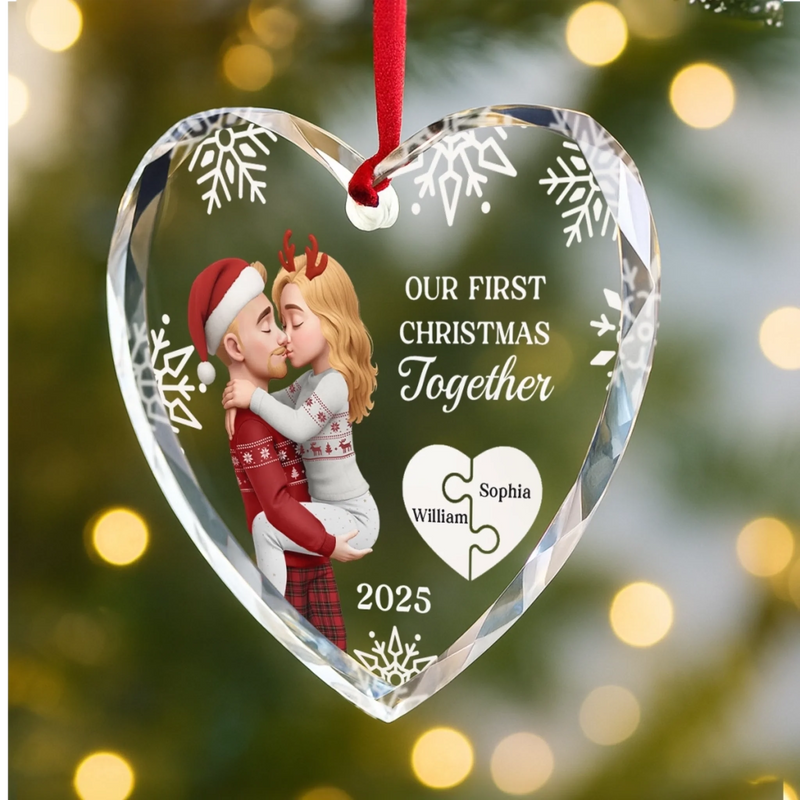 Custom Heart Glass Ornament - Personalized Anniversary Christmas Wedding Gifts For Husband And Wife, Him And Her - Our First Noel As Lovers