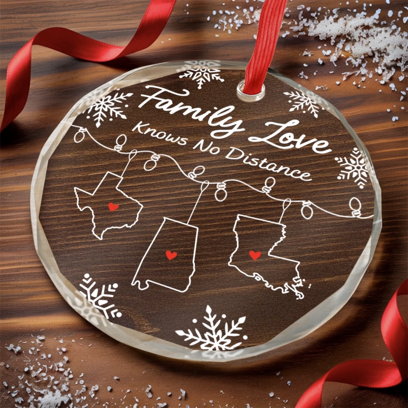 Custom Long Distance Circle Glass Ornament - Personalized Christmas Birthday Gifts For Mom, Dad, Kids - Across the Miles, Our Family Stays Strong