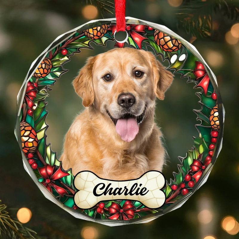 Custom Photo Circle Glass Ornament - Personalized Pet Christmas Memorial Sympathy Gifts For Dogs, Cats - Love Never Leaves