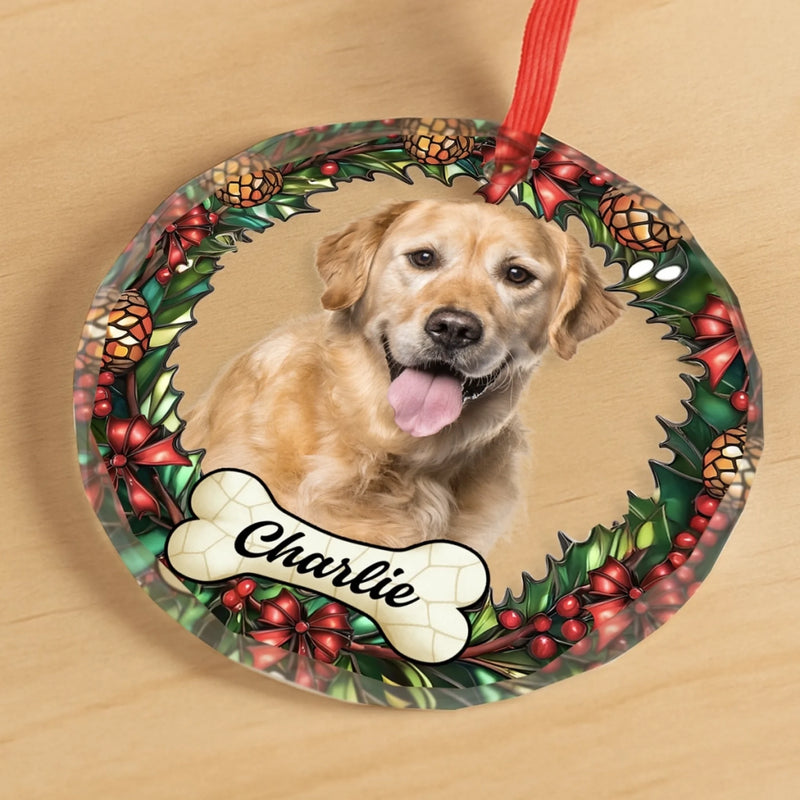 Custom Photo Circle Glass Ornament - Personalized Pet Christmas Memorial Sympathy Gifts For Dogs, Cats - Love Never Leaves