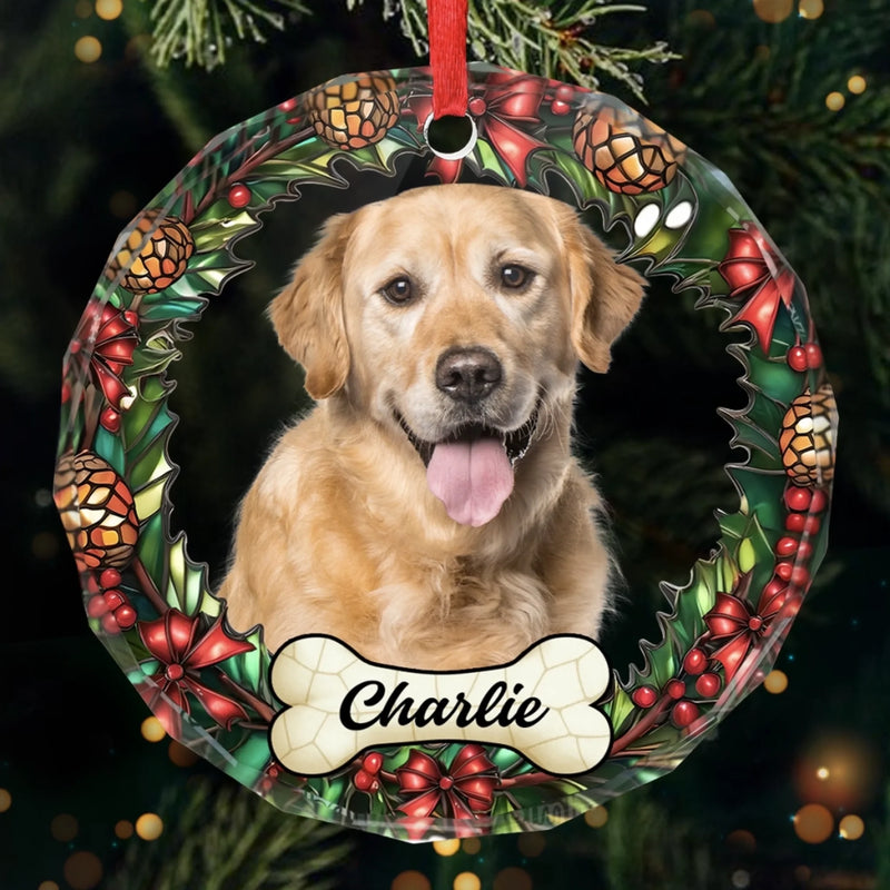 Custom Photo Circle Glass Ornament - Personalized Pet Christmas Memorial Sympathy Gifts For Dogs, Cats - Love Never Leaves