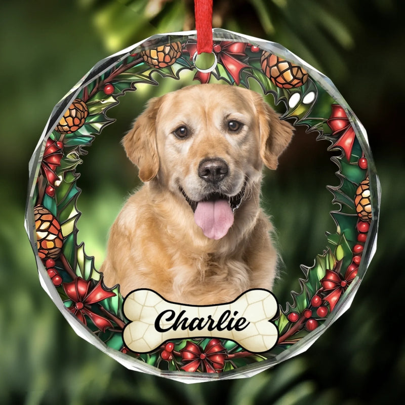 Custom Photo Circle Glass Ornament - Personalized Pet Christmas Memorial Sympathy Gifts For Dogs, Cats - Love Never Leaves