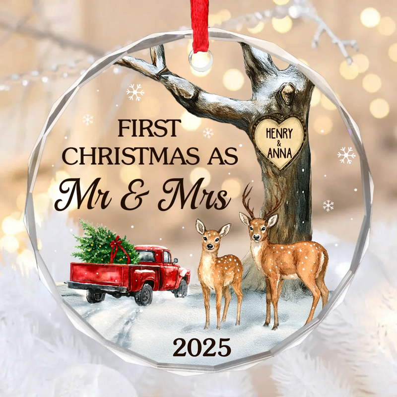 Custom Circle Glass Ornament - Personalized Anniversary Christmas Wedding Gifts For Husband And Wife, Him And Her - Our Forever Starts With Twinkling Lights
