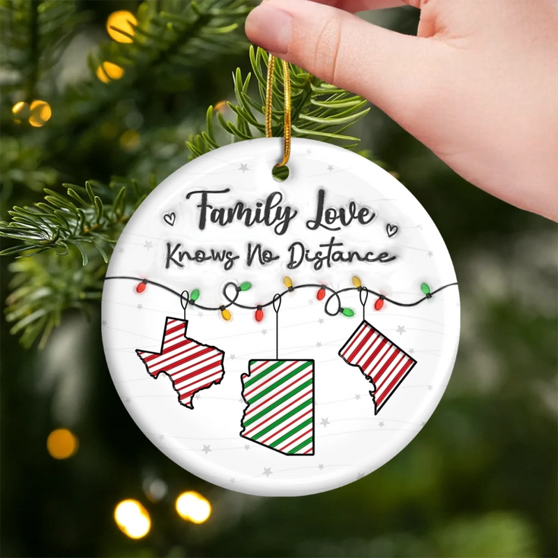 Custom Long Distance Ceramic Ornament - Personalized Christmas Birthday Gifts For Mom, Dad, Kids - Hearts Connected, No Matter The Distance