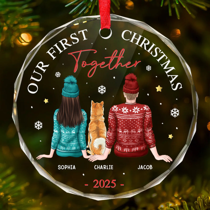 Our First Christmas Together With Our Pet - Dog & Cat Personalized Custom Circle Glass Ornament - Christmas Gift For Husband Wife, Anniversary, First Christmas, Pet Owners, Pet Lovers