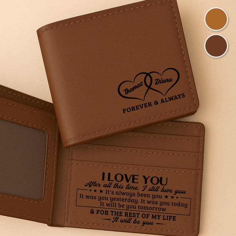 Custom Engraved Bifold Leather Wallet Two Sides - Personalized Anniversary Wedding Gifts For Husband And Wife, Him And Her - Endlessly In Love With You