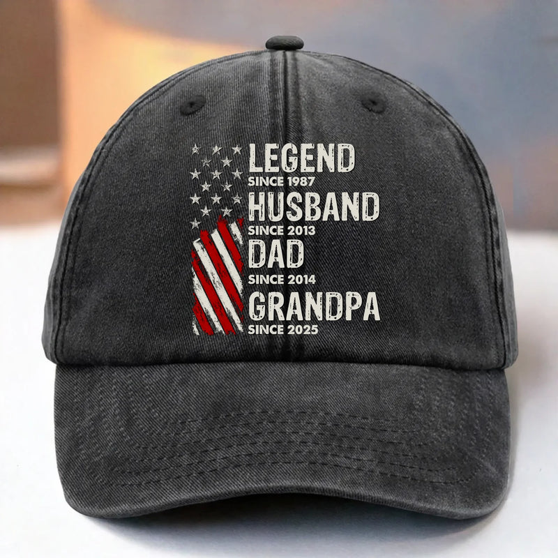 Born To Be A Legend - Family Personalized Custom Vintage Washed Denim Baseball Cap US - 4th Of July, Gift For Dad, Grandpa