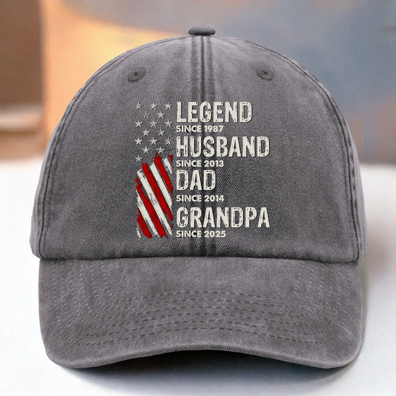 Born To Be A Legend - Family Personalized Custom Vintage Washed Denim Baseball Cap US - 4th Of July, Gift For Dad, Grandpa