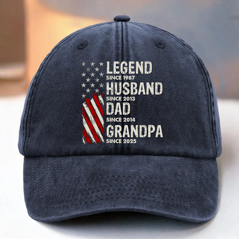 Born To Be A Legend - Family Personalized Custom Vintage Washed Denim Baseball Cap US - 4th Of July, Gift For Dad, Grandpa