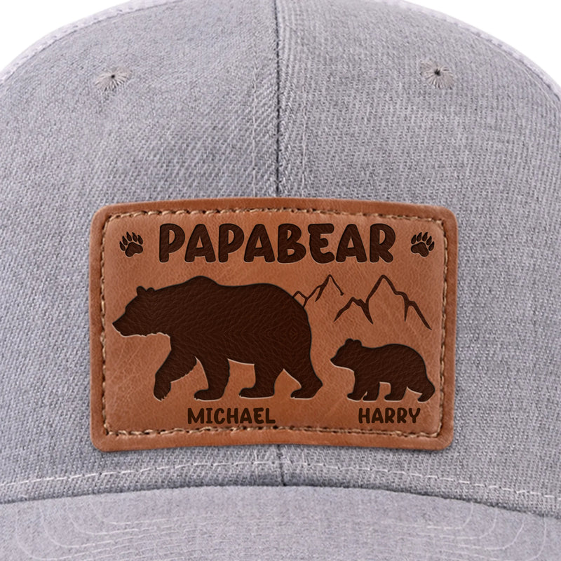 Papa Bear And His Cub - Family Personalized Custom Leather Patch Hat - Father's Day, Gift For Dad, Grandpa