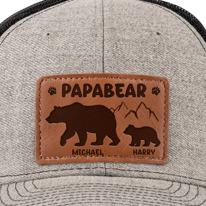 Papa Bear And His Cub - Family Personalized Custom Leather Patch Hat - Father's Day, Gift For Dad, Grandpa