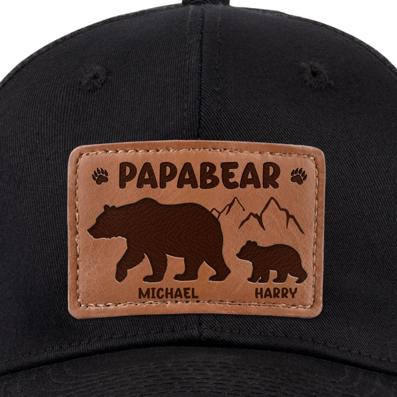 Papa Bear And His Cub - Family Personalized Custom Leather Patch Hat - Father's Day, Gift For Dad, Grandpa